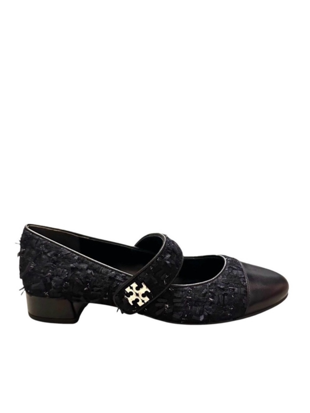 TORY BURCH Black Bouclé Leather Low Heel Cap Toe Mary Jane Ballet Flats NWOT